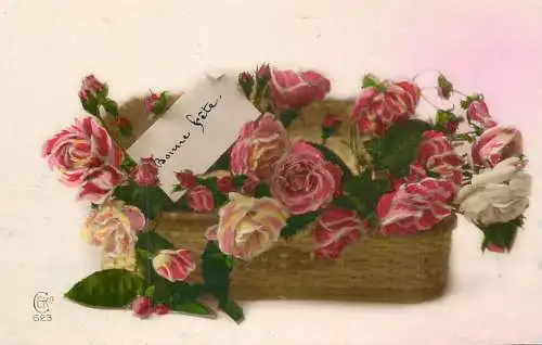 Greetings fantasy postcard Bonne Fete flower rose