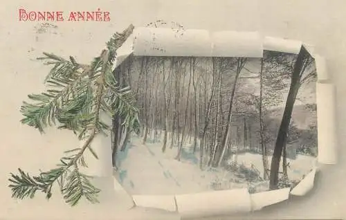 Greetings fantasy postcard Bonne Annee forest winter scene