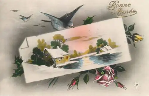 Greetings fantasy postcard Bonne Annee dove rose