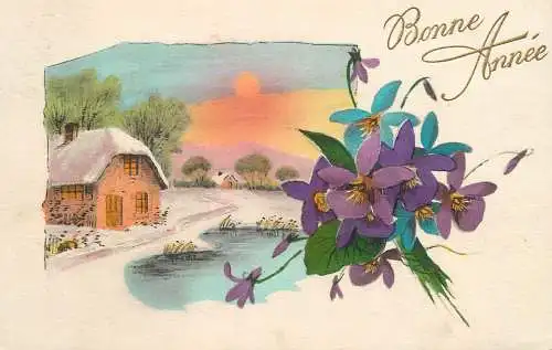 Greetings fantasy postcard Bonne Annee lilac flower lake