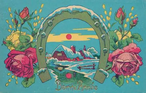 Greetings fantasy postcard flower rose Bonne Annee horseshoe