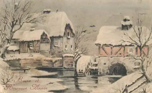 Greetings fantasy postcard Christmas Bonne et heureuse Annee watermill