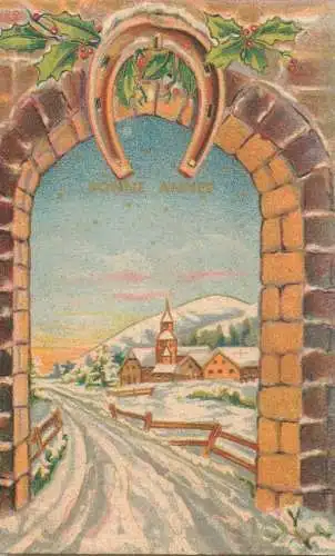 Greetings fantasy postcard Christmas Bonne Annee horseshoe church