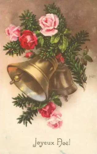 Greetings fantasy postcard Christmas Joyeux Noel bell rose