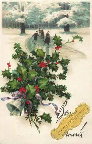 Greetings fantasy postcard Christmas Bonne Annee mistletoe bell skating