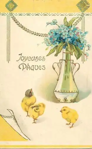 Greetings fantasy postcard Easter Joyeuses Paques heart ease vase chicks