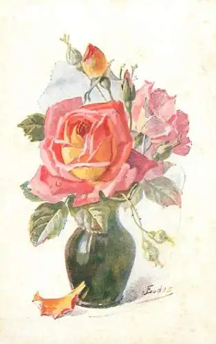 Greetings fantasy postcard rose vase Tudes Chocolat Martougin