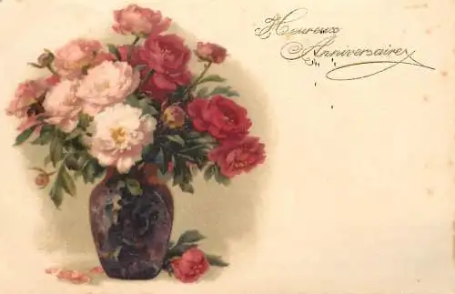 Postcard holiday flower carnation vase heureux anniversaire