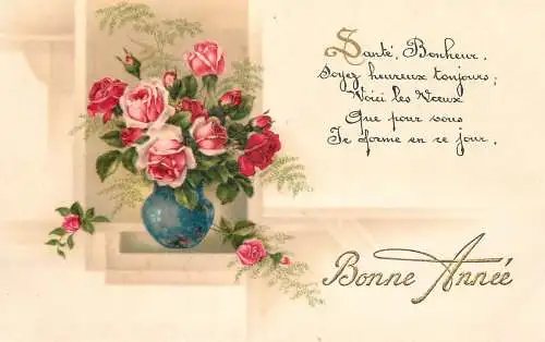 Postcard holiday flower rose vase Bonne Annee