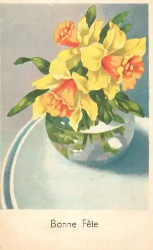 Postcard holiday flower yellow vase Bonne Fete