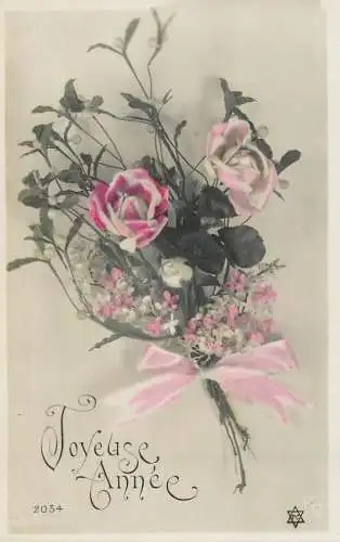 Postcard holiday flower rose joyeuse Annee