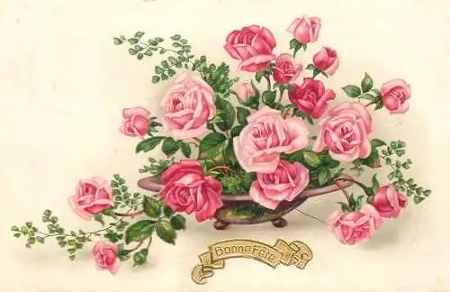 Postcard holiday flower Bonne Fete rose vase Belgium