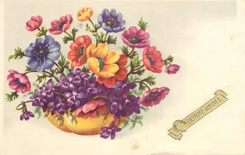 Postcard holiday flower basket heart ease bonne annee horse shoe