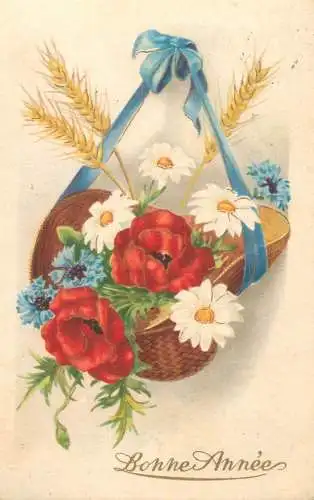 Postcard holiday flower basket daisy poppy bonne annee