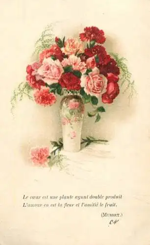 Postcard holiday flower bouquet rose carnation vase Musset