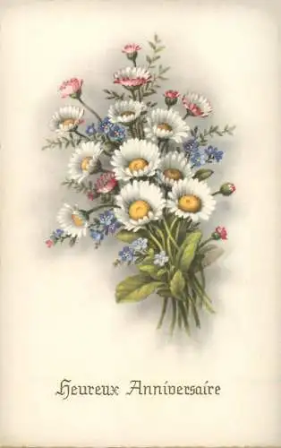 Postcard holiday flower bouquet heureux anniversaire daisy