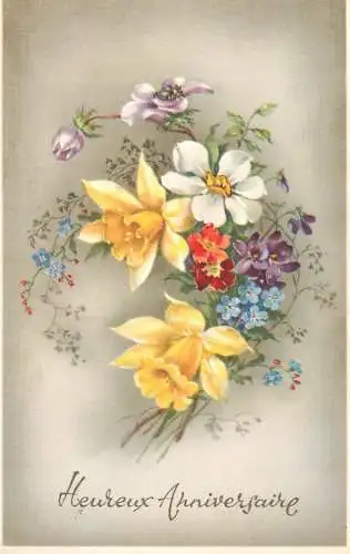 Postcard holiday flower bouquet heureux anniversaire