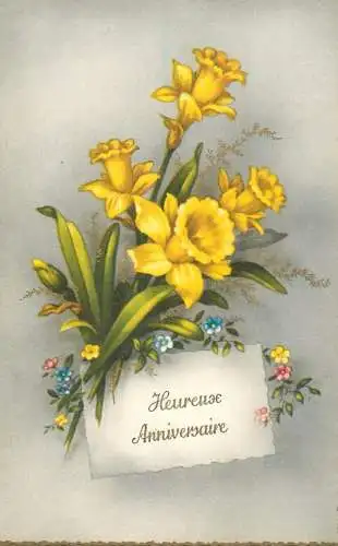 Postcard holiday yellow flower heureux anniversaire