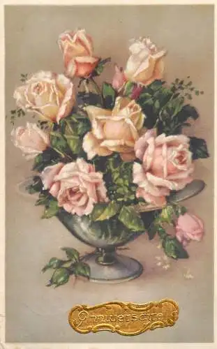 Postcard holiday flower anniversaire rose vase