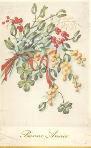 Postcard holiday flower Bonne annee shamrock mistletoe