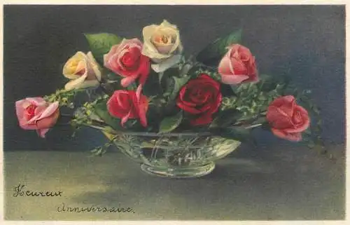 Postcard holiday flower rose glass vase heureux anniversaire