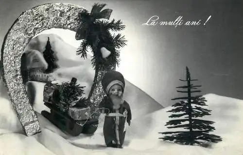 Postcard holiday winter landscape new year gift sled Santa horseshoe