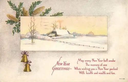 Postcard holiday winter landscape new year bells
