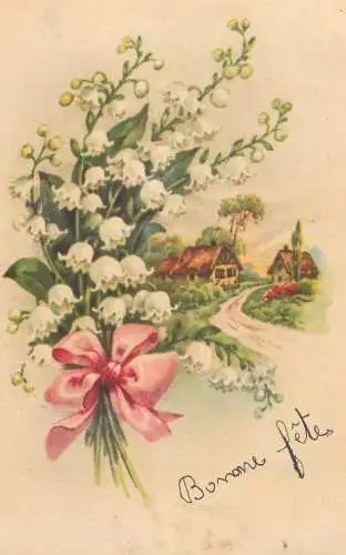 Postcard holiday bonne fete lily of the valley bouquet