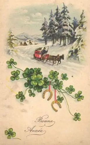Postcard holiday New year winter landscape shamrock sled