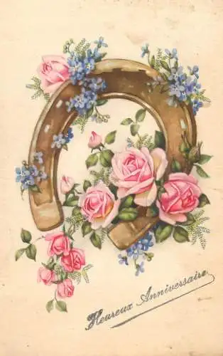Postcard holiday heureux anniversaire rose horse shoe