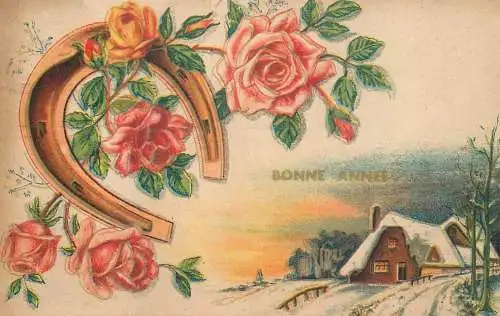 Postcard holiday Christmas Bonne Annee winter landscape horseshoe