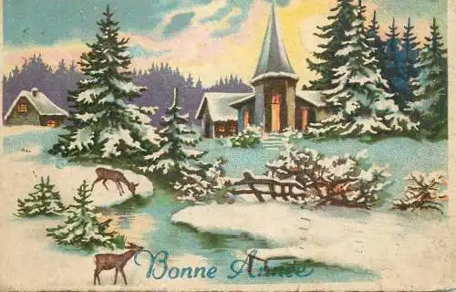Postcard holiday Christmas Bonne Annee winter landscape deer