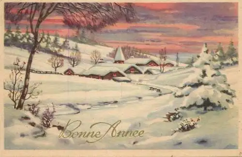Postcard holiday Christmas Bonne Annee winter landscape