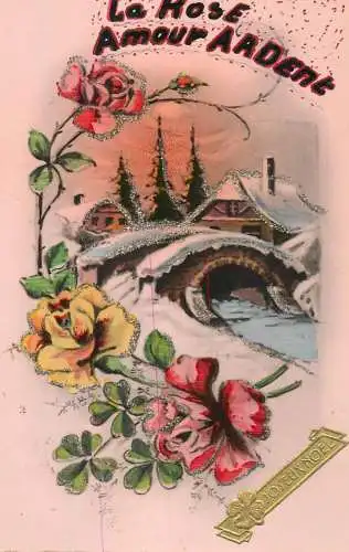 Postcard holiday flower rose winter landscape Noel
