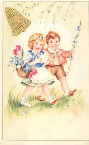 Postcard holiday flower tulip basket and children Easter