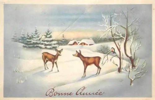 Postcard holiday New Year Christmas deer in nature winter landscape