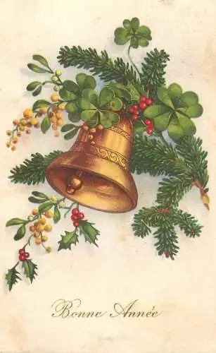Postcard holiday New Year bell mistletoe
