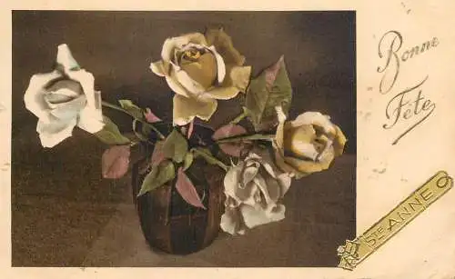 Postcard holiday bonne fete rose vase