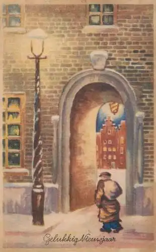 Postcard holiday New year man with bag