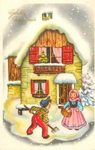 Postcard holiday New year winter landscape shoveling snow