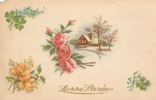 Postcard holiday New year winter landscape church rose