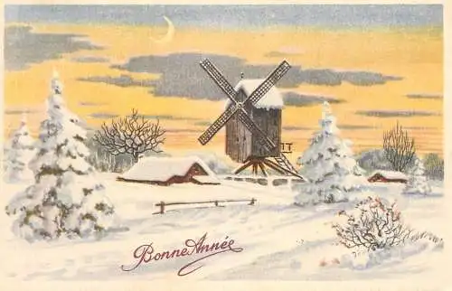 Postcard holiday New year winter landscape windmill