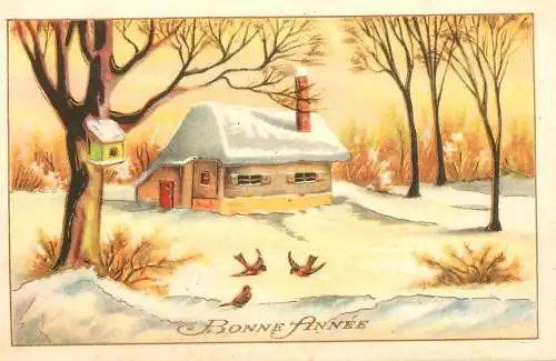 Postcard holiday New year winter landscape birds cottage