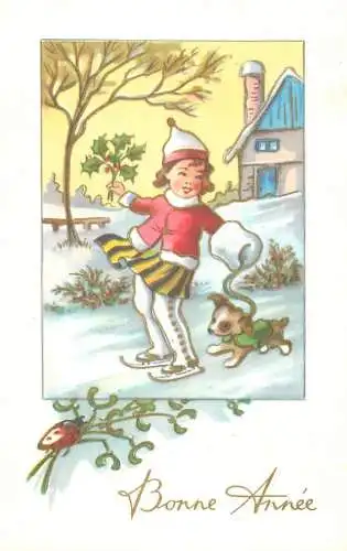 Postcard holiday New year winter landscape girl mistletoe dog