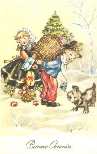 Postcard holiday New year winter landscape gift basket dog