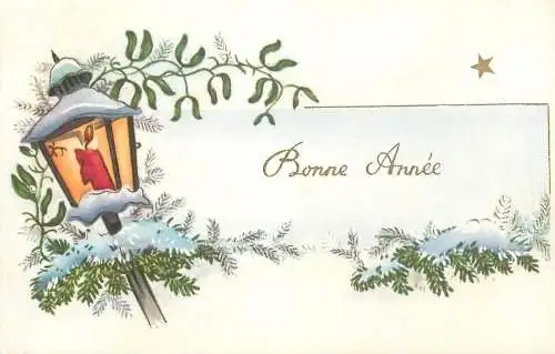 Postcard holiday New year winter landscape lamp candle