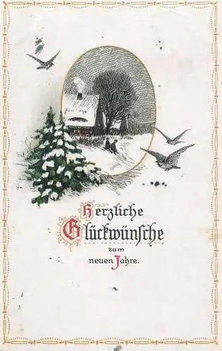 Postcard New year winter landscape bird
