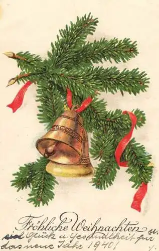 Postcard Christmas scene bell New Year