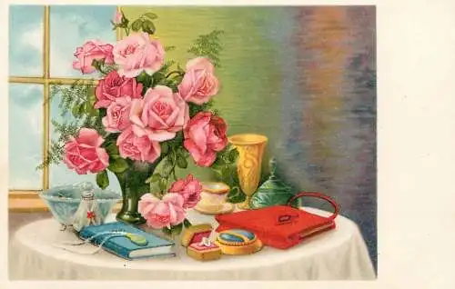 Postcard flowers rose vase bottle tie clock