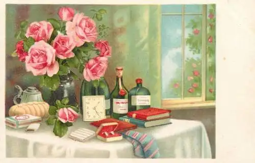 Postcard flowers rose vase bottle tie clock